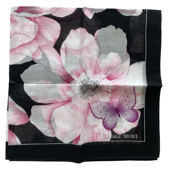 Hanae Mori Floral Black and Pink Handkerchief - Picture 4 of 7